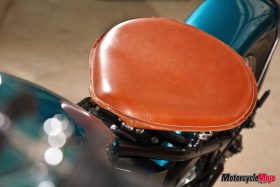 taned leather seat of a 1968 Triumph Bonneville