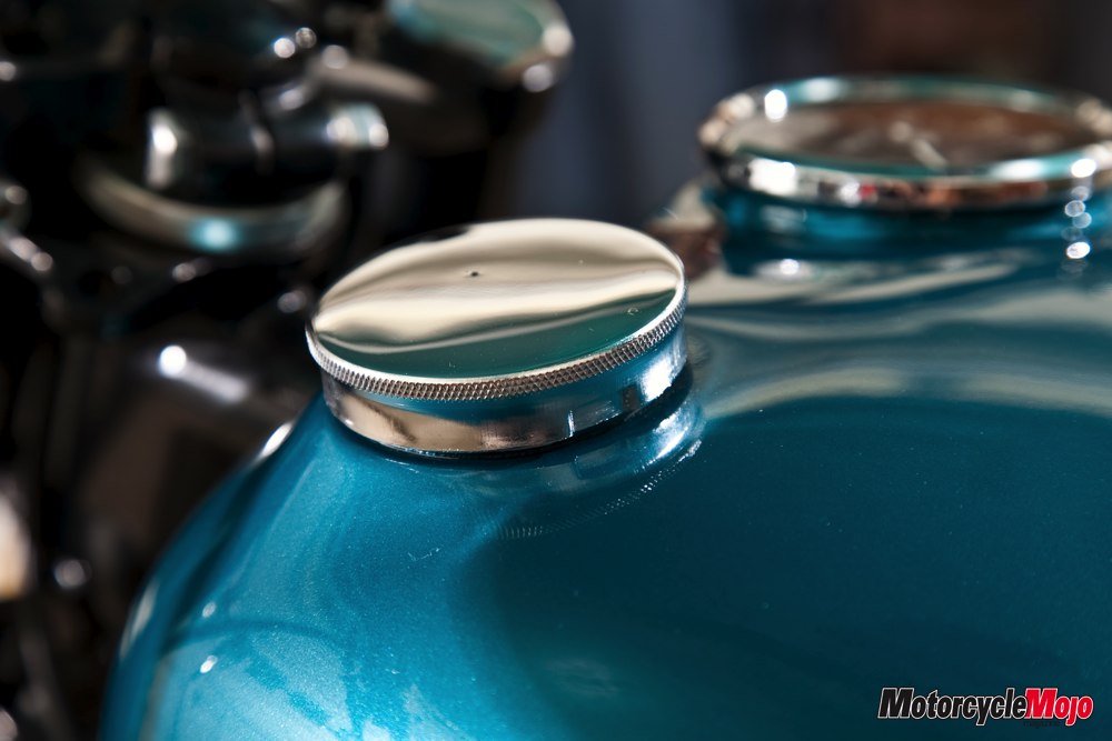 Blue painted gas tank of a 1968 Triumph Bonneville