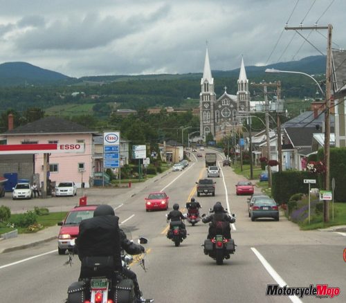 Road scene of Quebec stone church