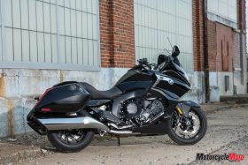 The 2018 BMW K1600B Bagger in Front of a Warehouse